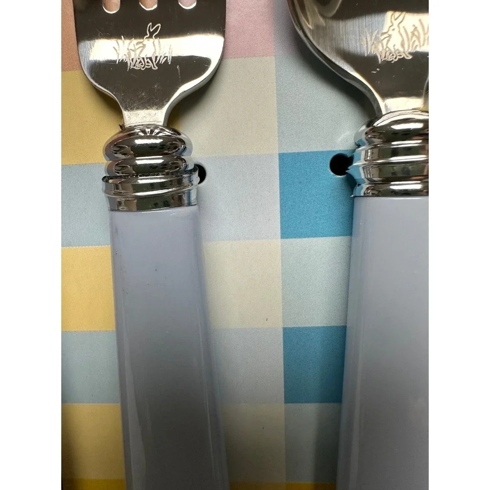 Golden‎ Rabbit Flatware Set Childrens Fork Spoon Pastel Blue Stainless Silver